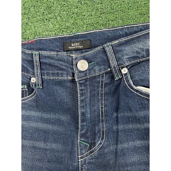 True Religion Ricky Jeans Mens 31x34 Blue Stretch Denim Relaxed Straight Flap - Picture 6 of 11